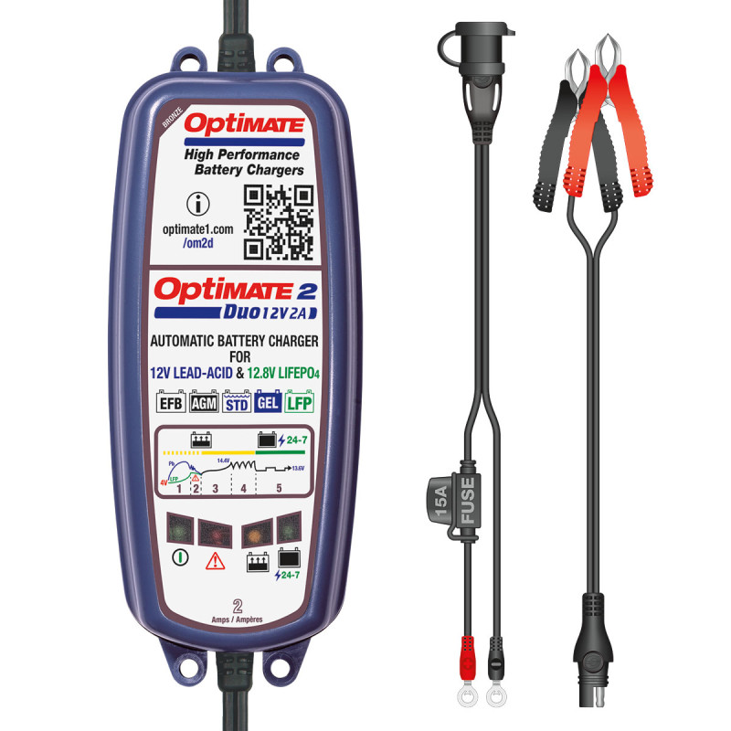 Încărcător pentru baterii AGM, GEL, EFB, plumb-acid și litiu LiFePO4 de 12 V OptiMate 2 DUO TM550 - TM-550 - TM550 - 5425006142052